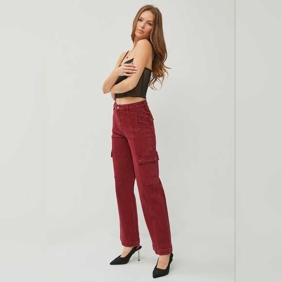 RISEN High Rise Wide Leg Cargo Jeans Wine Retro Vintage Style Various NEW - Picture 6 of 10